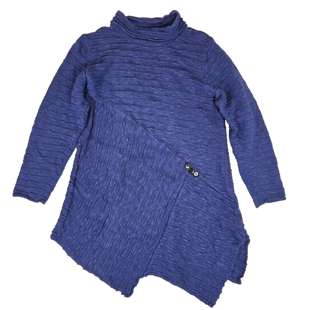 Habitat Asymmetric Textured Turtleneck Tunic Sweater Size L Blue Lagenlook Artsy